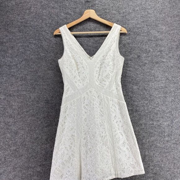 BCBGMaxazria Dress Women 6 White Sheath Midi Zipper V-Neck Sequin Lined Cotton - Picture 3 of 9